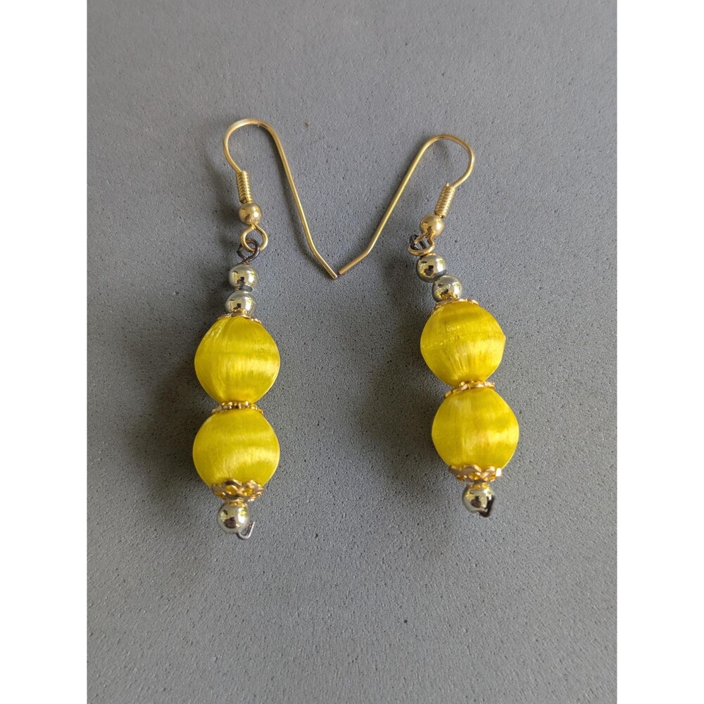 Vintage NOS Yellow Silk Thread Wrapped Bead Dangle Earrings Gold Tone Boho